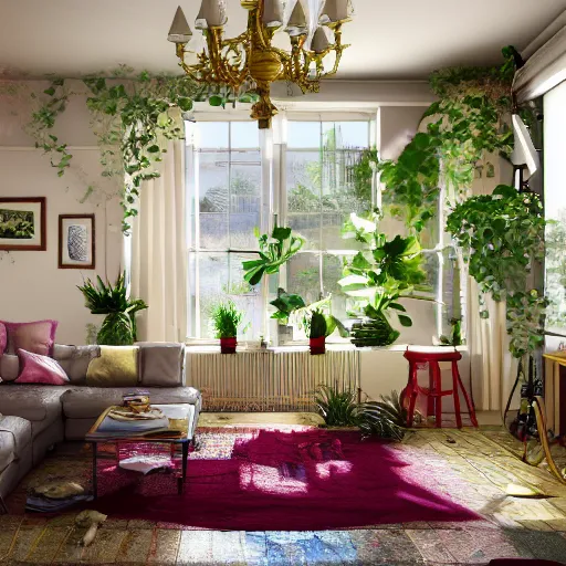 Image similar to beautiful rendering of an interior scene, english retro living room with sunlight coming from the window, plants and roses as accents, gold glittering ornaments, trending on behance, by raphael lacoste and craig mullins, rule of thirds, 8 k resolution, unreal engine, rendered in maya, detailed, wide - angle lens, two - point perspective, light effect, overall color balance