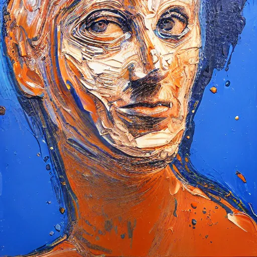 Image similar to oil paint impasto relief, portrait of woman's face, deep under water, lots blue colours, looking up, air bubbles, multi layered thick brush marks, some splattered paint, in the style frank auerbach and leonardo da vinci