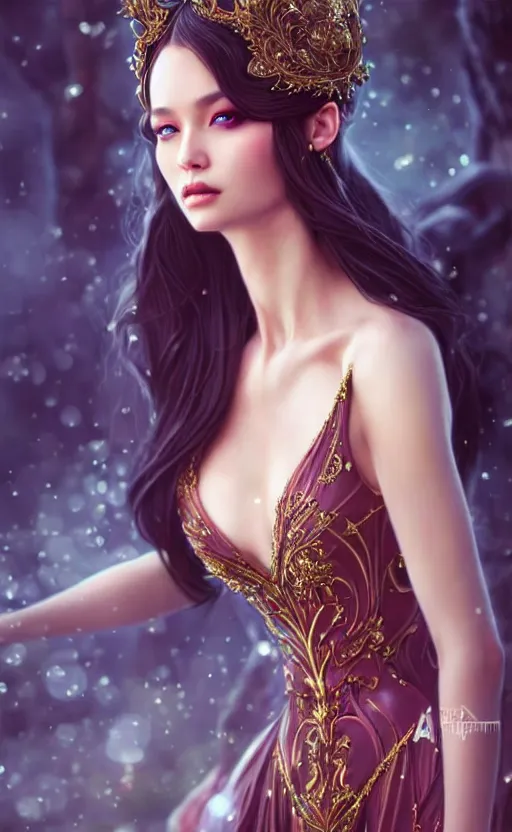 Image similar to a fantasy photo of gorgeous russian female, evening gown, bokeh, medium shot, beautiful face, professionally retouched, soft lighting, realistic, smooth face, perfect eyes, sharp focus, 8 k realistic high definition, insanely detailed, intricate, elegant, art by artgerm and kyoung hwan kim