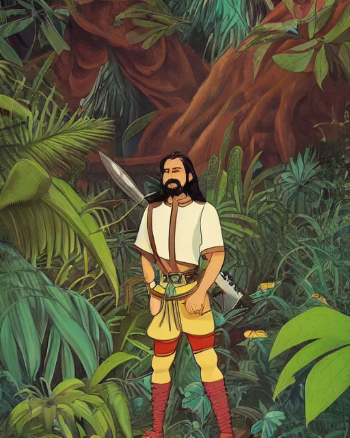 Image similar to portrait of a conquistador in a jungle, by nicola saviori, and dan mora, studio ghibli color scheme, highly detailed