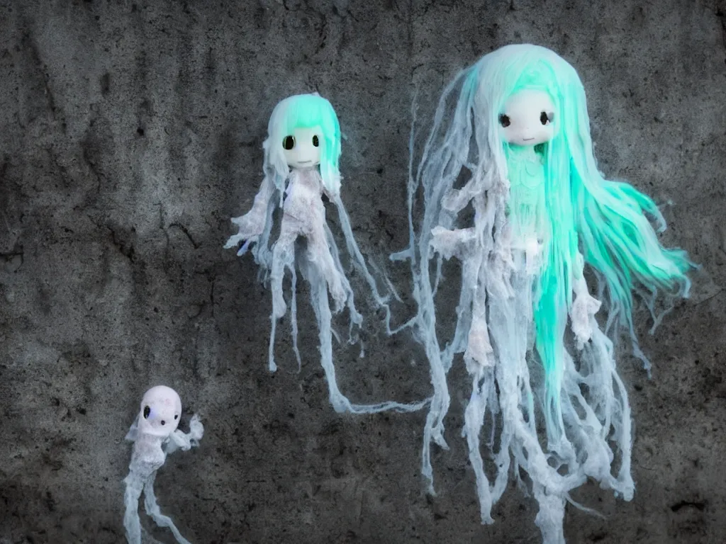 Image similar to cute fumo plush smiling ectoplasmic jellyfish ghost girl lingering in a mysterious concrete organic ruin, patchwork doll chibi gothic maiden in tattered melting rags, glowing wisps of hazy green smoke and eerie blue volumetric fog swirling about, moonlight, glowing lens flare, black and white, vray