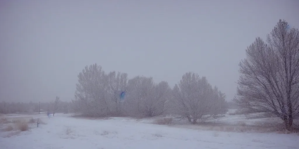 Image similar to photo of green river, wyoming covered in ice and snow, during a snowstorm. a old man in a trench coat and a cane appears as a hazy silhouette in the distance, looking back over his shoulder. cold color temperature. blue hour morning light, snow storm. hazy atmosphere. humidity haze. kodak ektachrome, greenish expired film, award winning, low contrast.