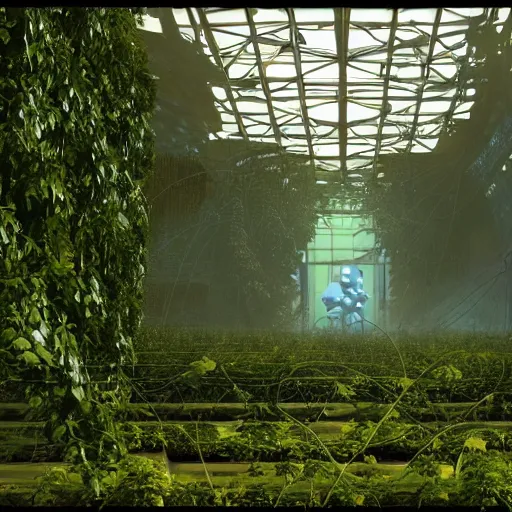 Image similar to GLaDOS in the center of a huge hall overgrown with vines and plants of the complex, old computers, a suspension of dust in the air, rays of light through the ceiling, realism, art,