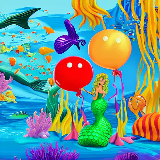 Prompt: balloon animals pop art but placed under the sea in the little mermaid magical kingdom. digital art