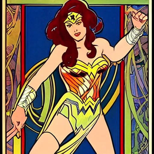 Image similar to wonder woman. well composed, clean elegant painting, beautiful detailed face. comic book art by steve ditko and jack kirby and ( alphonse mucha )