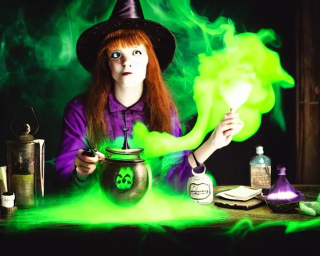 Image similar to close up portrait, spooky teen witch mixing a spell in a cauldron, a cat is on the table, wispy green and purple smoke fills the air, a witch hat, cinematic, green glowing smoke is coming out of the cauldron, strange ingredients on the table, strange apothecary shelves in the background, scary stories to tell in the dark