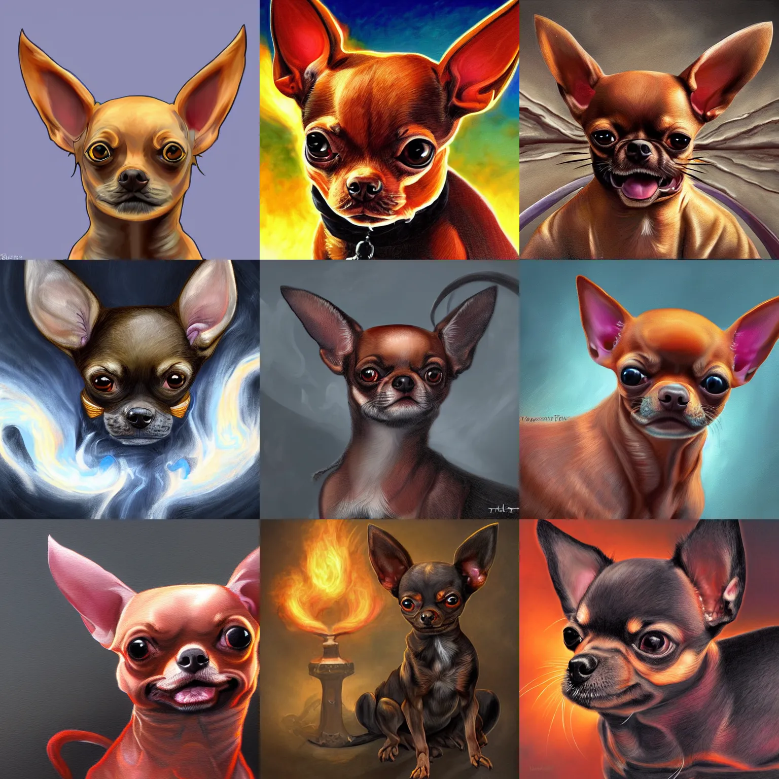 Prompt: a painting of a demon chihuahua, a painting of a cross between a chihuahua and a balrog, highly detailed digital art, fantasy