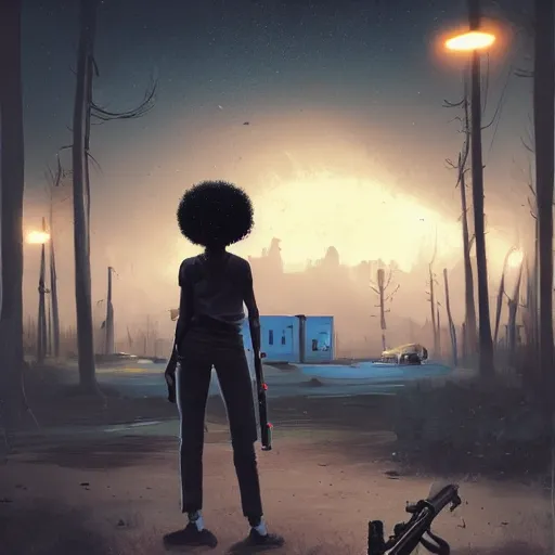 Prompt: a dynamic long shot portrait of the silhouette of a black girl with an afro and a shotgun at a post apocalyptic playground, by simon stalenhag, dark and ominous, digital illustration, behance, rendered in unreal engine 5, rim lighting, ray tracing, 8 k, hd