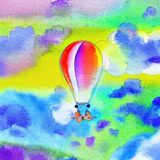 Prompt: dancing on top of a rainbow in the stratosphere, watercolor, desaturated colors, muted colors, minimalist, ink under paint, high - angle view from 1 0 0 feet distance. digital art, ue 5