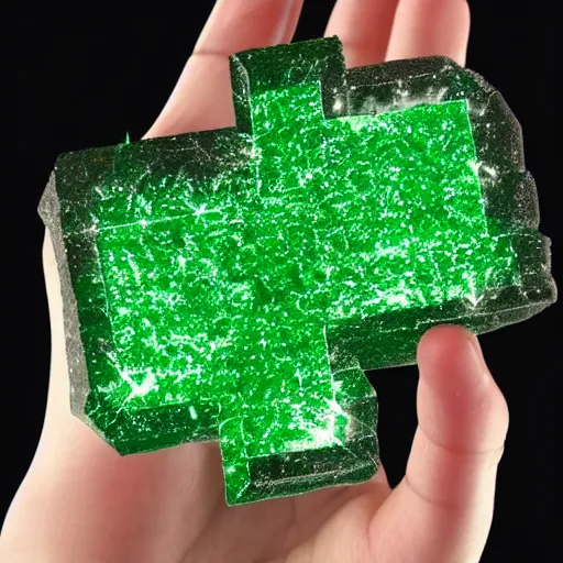 Prompt: a glowing green crystalline shard of kryptonite held in an open black - gloved hand, black background