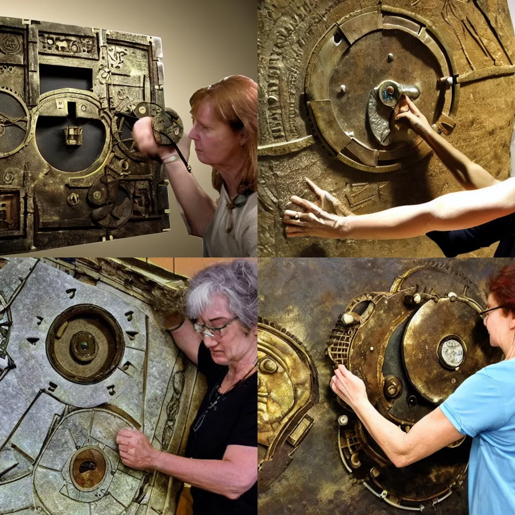 Antikythera mechanism being used by a ancient woman., Stable Diffusion