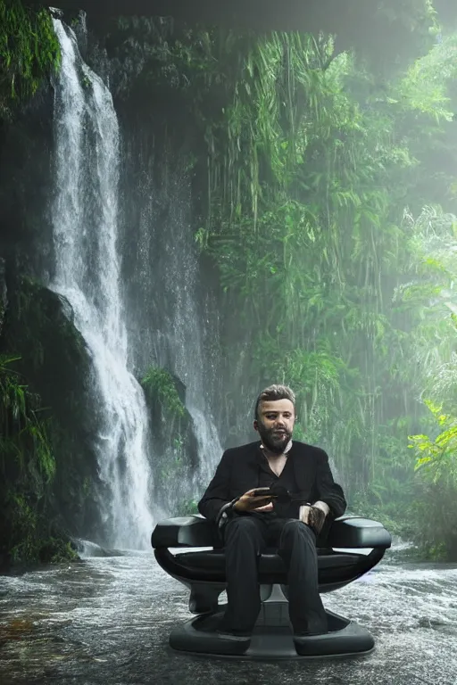 Image similar to movie closeup young man with a grey beard in a cyberpunk suit sitting on a futuristic chair at the edge of a jungle waterfall by emmanuel lubezki