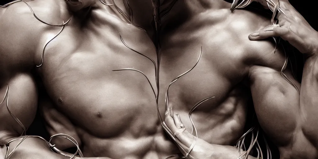 Image similar to hyper realistic photography of a stunningly beautiful cyborg male, plated arm, intimate, chest, holding close, ribbons, in the style of beth cavener, jin kagetsu,, and wlop, highly detailed, intricate filigree, symmetry, masterpiece, award winning, sharp focus, concept art, highkey lighting, ambient lighting, octane render, 8 k, artstation