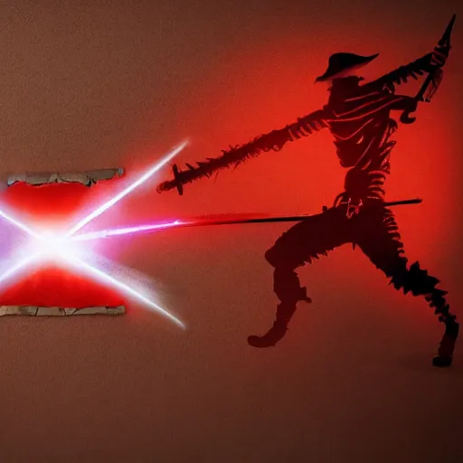 Image similar to a red fire is projecting the shadows of a sword fight between two pirates on a beige wall. high details, intricate, high quality digital art rendering.