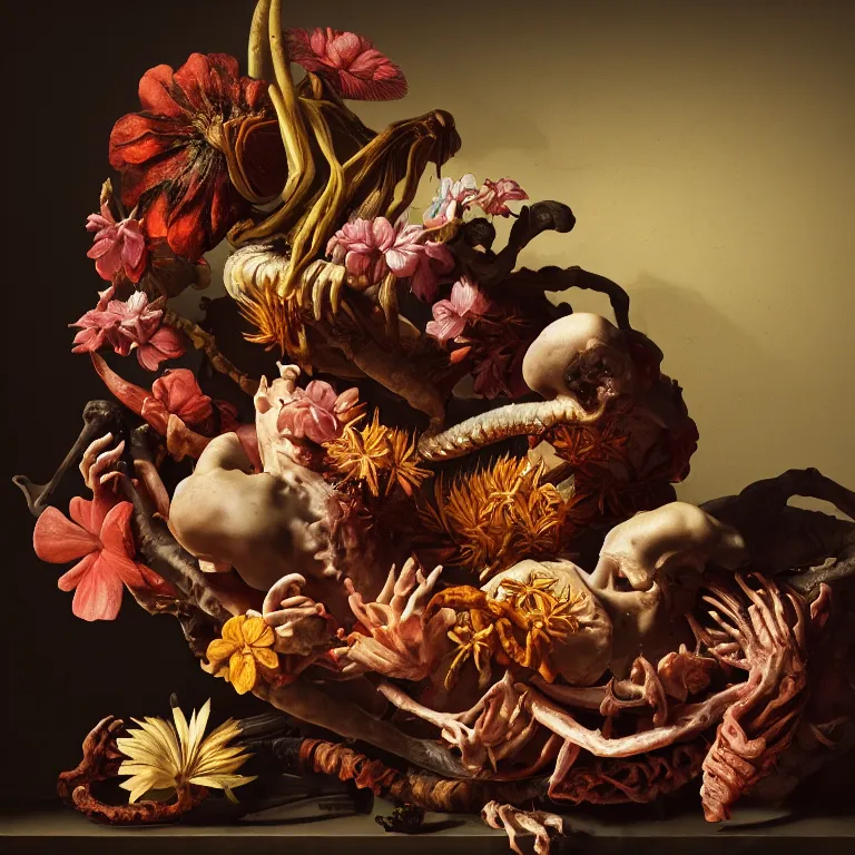 Image similar to still life of rotten flesh, beautiful tropical flowers, human spine, colorful mold, baroque painting, beautiful detailed intricate insanely detailed octane render, 8K artistic photography, photorealistic, chiaroscuro, Raphael, Caravaggio