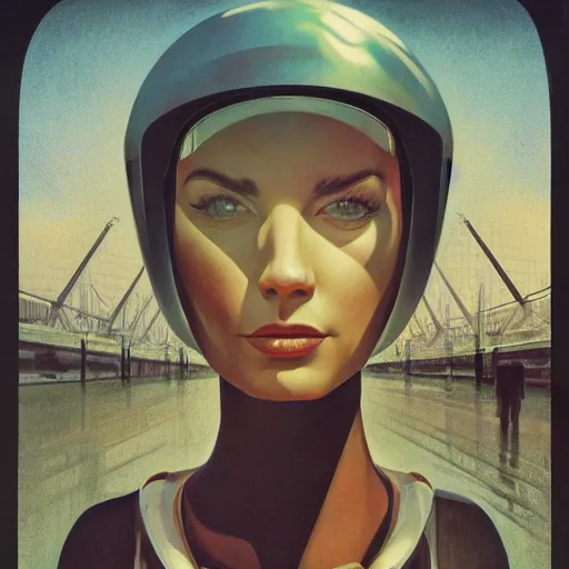 Image similar to detailed face of a woman, clockwork, moment, tectonic sky, skydome, bullet train, turbines, utopian, tech noir, wet reflections, prism, atmospheric, ambient, pj crook, syd mead, livia prima, greg rutkowski, edward hopper