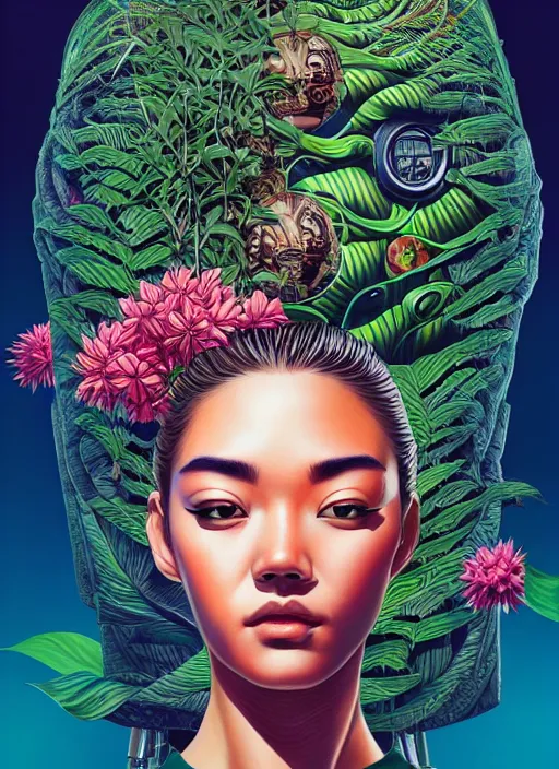 Prompt: gigantic cyborg head, a lot of exotic vegetation, trees, flowers by junji ito, tristan eaton, victo ngai, artgerm, rhads, ross draws, hyperrealism, intricate detailed