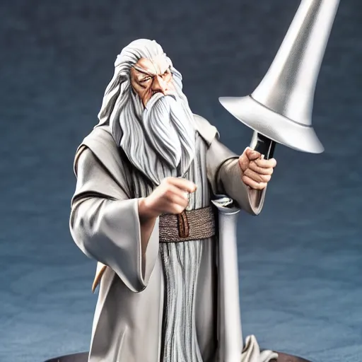 Image similar to gandalf chrome figurine sitting at a lightmixer, gandalf without a hat, color studio photo, uhd 4 k, backlight, rule of thirds
