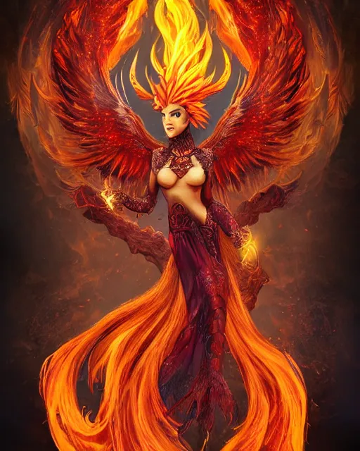Image similar to character design, fiery phoenix rising goddess beautiful, half fire half ice on body, magic wood background, cinematic, detailed, ornate, intricate detail