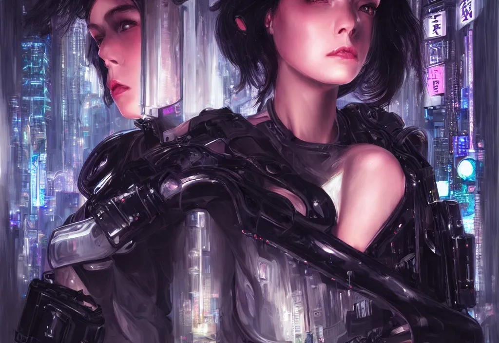 Image similar to portrait holy dark grey hair of futuristic police girl, black armored uniform, at cyberpunk reflected tokyo night, ssci - fi and fantasy, neon light, intricate and very very beautiful, highly detailed, digital painting, artstation, concept art, smooth and sharp focus, illustration, art by tian zi and wlop and alphonse mucha