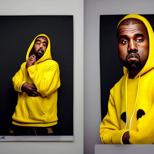 Image similar to Kanye West in a yellow pikachu! hoody, Studio Photograph, portrait C 12.0