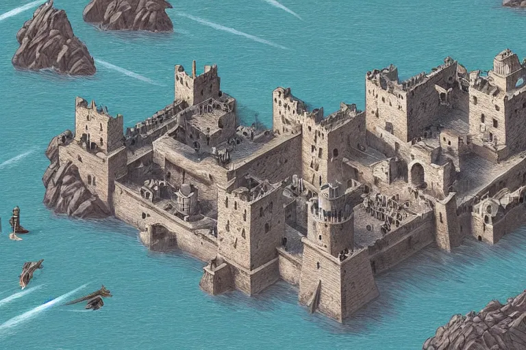 Prompt: king's landing, sea, ships, game of thrones, medieval city, hbo, isometric art, artstation, highly detailed, cinematic lighting + masterpiece