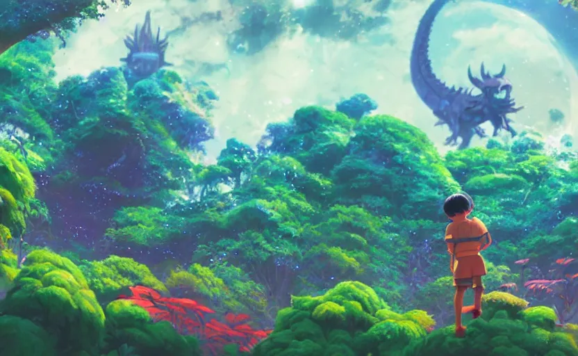 Image similar to a still of a cute adorable tiny astronaut, on a planet of lush colorful foliage, with an enormous kaiju dragon surrounding the full background, magical forest, sharp focus, neon backlit, highly detailed, disney pixar studio ghibli makoto shinkai, digital painting, matte, octane render, cinematic bloom, global illumination, iridescent, anime, 8 k concept art