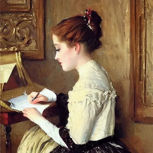 Image similar to victorian girl in ball gown writing a letter, painting by alfred stevens