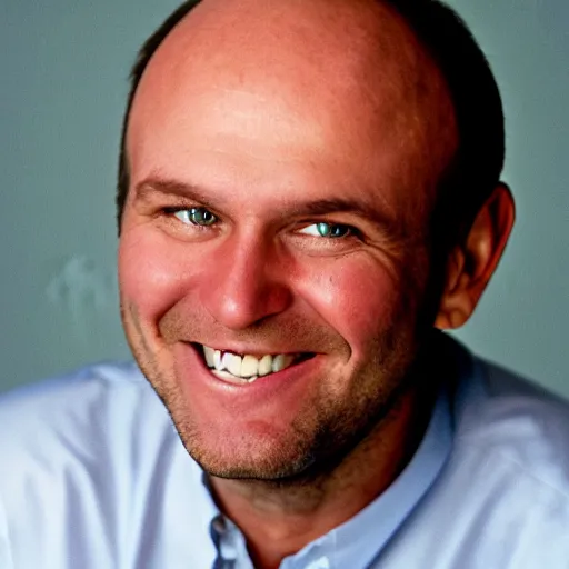 Image similar to color photograph of a balding, middle aged, brown haired, hairy, blue eyed, round faced, short white man dressed in a white shirt, smiling at the camera with perfect, straight white teeth