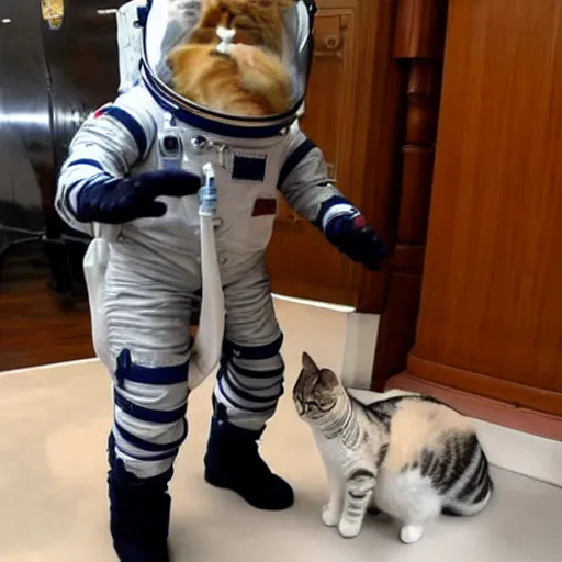 Image similar to cat astronaut shakes the hands with president