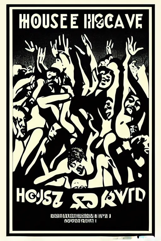 Image similar to “House music rave with dancers, spotlights, large loudspeakers. Soviet propaganda poster, with text HOUSE in the style of Dmitry Moor”