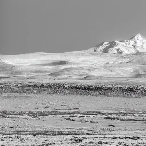 Image similar to a artic desert with snow capped mountains and a floating obelisk. overcast sky, grainy, snowing.