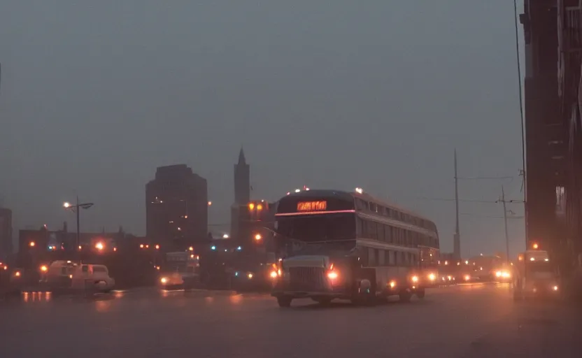 Image similar to cinematic screenshot sunrise view of buffalo as seen from bus, moody scene from being john malcovich directed by charlie kaufman ( 2 0 0 1 ), moody volumetric light morning, anamorphic lenses, kodak color film stock