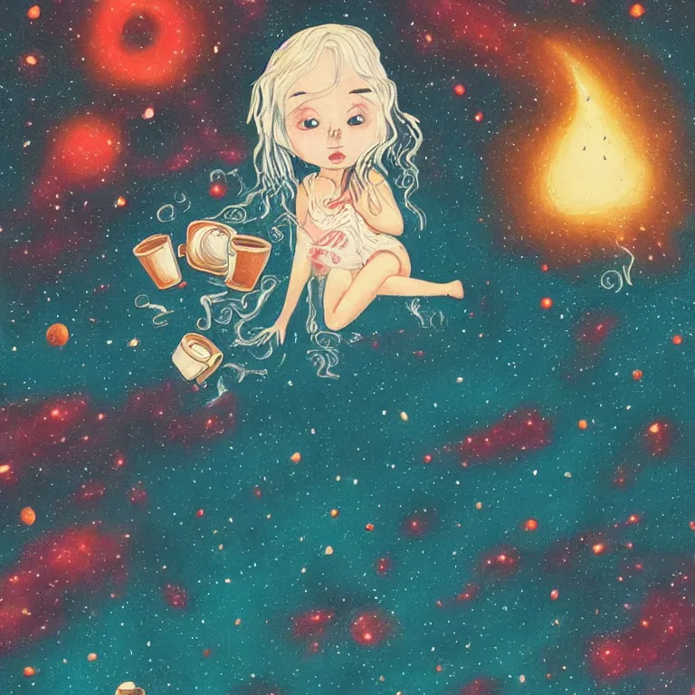 Prompt: a cute girl with dark eyes full of cosmic nebulae drowning in a roiling ocean of coffee, nostalgic melancholic artwork