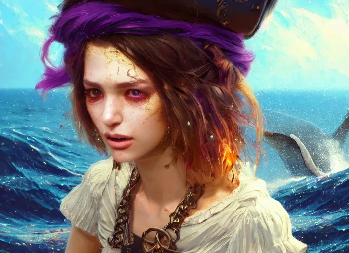 Prompt: full body picture of a pirate girl, hard breathing, messy hair, very excited, sparkling eyes, front of the treasure box, magic and fantasy, whale monsters, coveted, beautiful and aesthetic and attractive and detailed face, specular reflection, occlusion shadow, intricate, bokeh, masterpiece, by ilya kuvshinov and jeremy lipking and quentin mabille