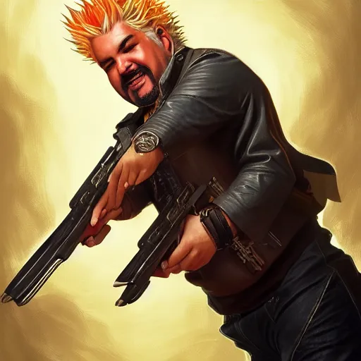 Image similar to portrait of guy fieri wielding handguns, ethereal, handsome, d & d, fantasy, intricate, elegant, highly detailed, digital painting, artstation, concept art, matte, sharp focus, illustration, art by artgerm and greg rutkowski and alphonse mucha