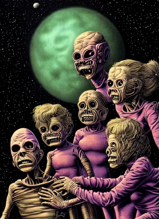 Prompt: detailed image of a creepy family in the deep space by richard corben, rich deep colors. masterpiece . intricate artwork, cinematic, hyper realism, high detail, unreal engine, 8k, Smooth gradients, High contrast, depth of field, very coherent symmetrical artwork. clean ink detailed line drawing, intricate detail, extremely detailed.