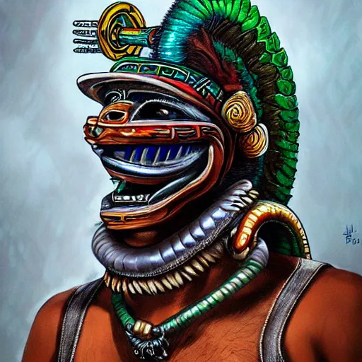 Prompt: a expressive portrait of masked diesel punk quetzalcoatl on the art of mayan ancient culture artstation award - winning realistic sci - f