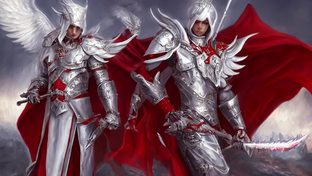 Image similar to male angel, flame sword, white metallic armor, red cape, detailed arms, intricate white armor, two arms, two legs, detailed fanart, rpg art, d&d art, macro art, digital art, DeviantArt, artstation, 8k HD