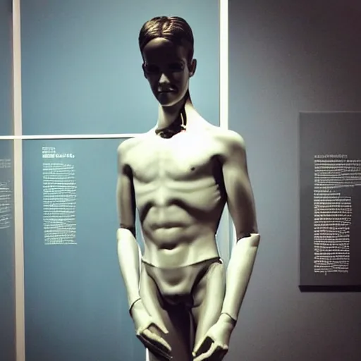 Image similar to “a realistic detailed photo of a guy who is an attractive humanoid who is half robot and half humanoid, who is a male android, actor Grant Gustin, shiny skin, posing like a statue, blank stare, at the museum, on display”