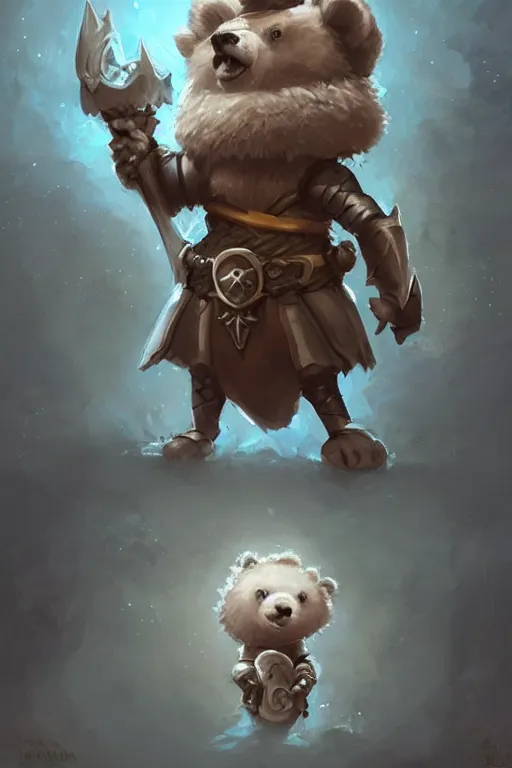 Image similar to cute little anthropomorphic bear knight wearing a cape and a crown, tiny, small, miniature bear, baby animal, short, pale blue armor, cute and adorable, pretty, beautiful, DnD character art portrait, matte fantasy painting, DeviantArt Artstation, by Jason Felix by Steve Argyle by Tyler Jacobson by Peter Mohrbacher, cinematic lighting