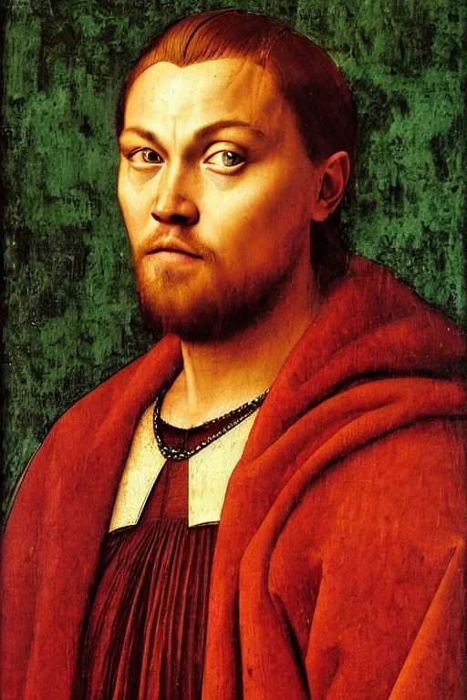 Image similar to 1 4 0 0 s renaissance portrait of leonardo dicaprio oil painting by jan van eyck, northern renaissance art, oil on canvas, wet - on - wet technique, realistic, expressive emotions, intricate textures, illusionistic detail