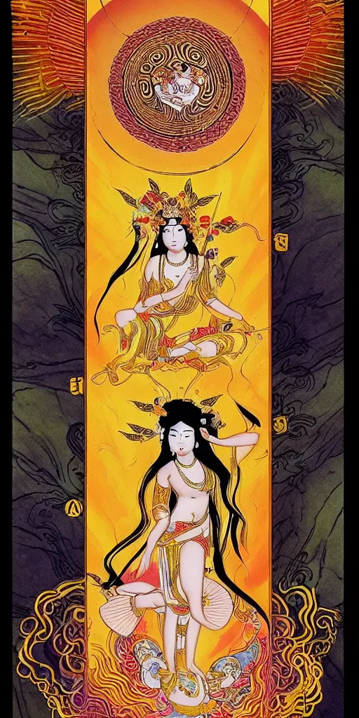 Image similar to asian goddess of bliss and honey, silk flowing in wind, totemic ritualistic tarot sigils, photo