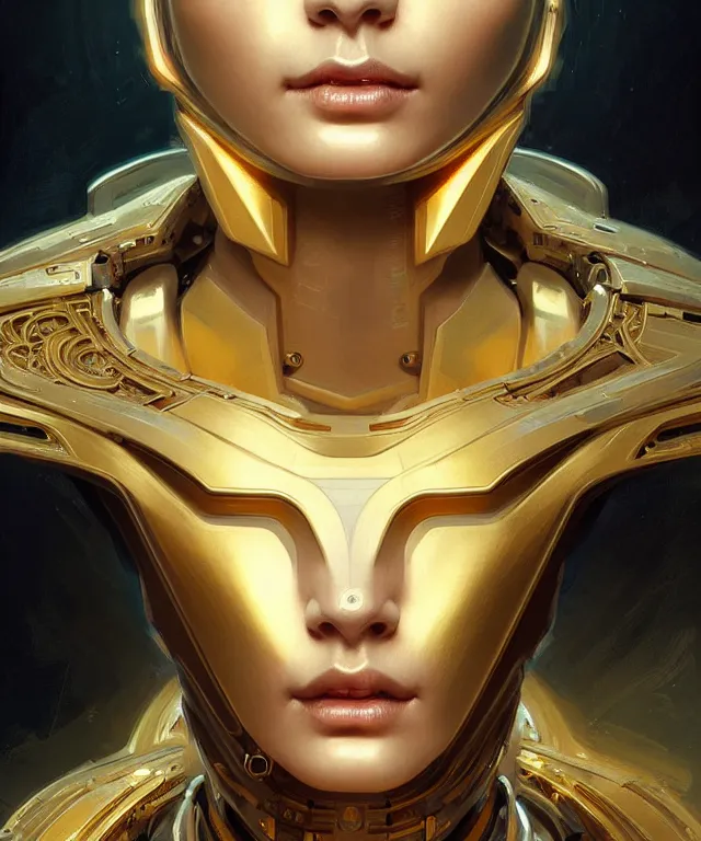 Image similar to futuristic woman android portrait, sci-fi female, azure eyes, face, short hair tomboy, cyberpunk, intricate, elegant alabaster skin, highly detailed gold filigree, digital painting, artstation, concept art, smooth, sharp focus, illustration, art by artgerm and greg rutkowski and alphonse mucha