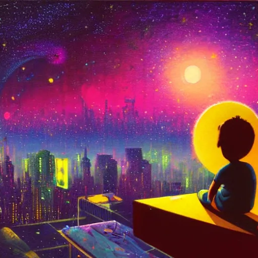 Prompt: a kid in a big city, sits on a rooftop, watches a beautiful night full of stars and tech buildings, detailed, by paul lehr