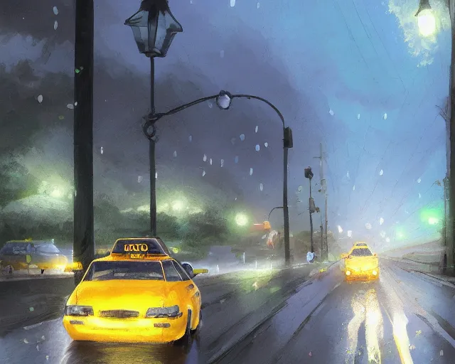 Image similar to one single taxi cab driving down a rainy country road through a field, gaslight, street lamps. Side view, full shot. Anime, By Makoto Shinkai, Stanley Artgerm Lau, WLOP, Rossdraws, James Jean, Andrei Riabovitchev, Marc Simonetti, krenz cushart, Sakimichan, trending on ArtStation, digital art.