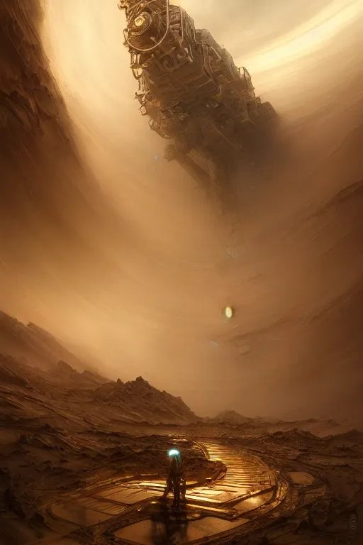 Image similar to factory on mars, yellow dust, high - tech, by wlop, by luis royo, by peter mohrbacher, concept art, digital illustration, intricate, masterpiece, elegant, super detailed, unreal engine rendering, smooth, sharp focus, artstation hq