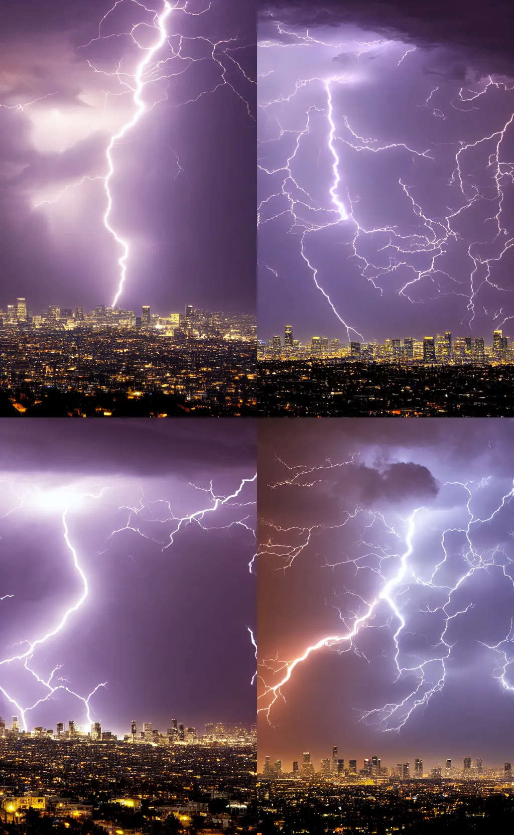 Prompt: An electricity storm over the skyline of Los angeles at night. It is cloudy and the sky is full of lightning. 8k wallpaper, science