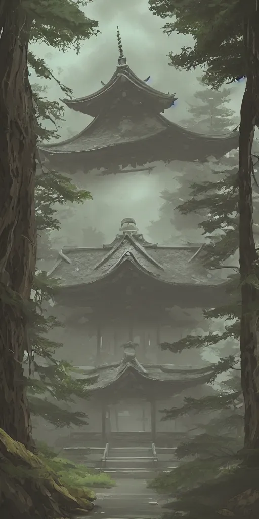 Image similar to concept art by sylvain sarrailh of a haunted japan temple in a forest