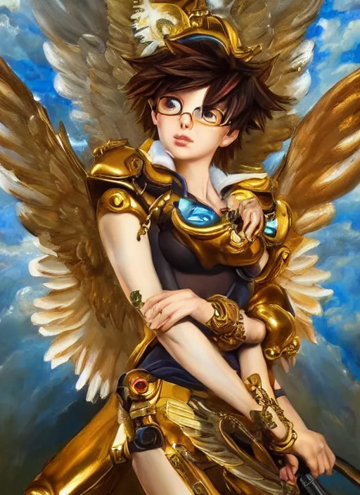 Image similar to full body oil painting of tracer overwatch in the style of sophie anderson, angel wings, angelic golden armor, dramatic painting, symmetrical composition, ornate, golden chains, high detail, gold detailed collar!!!!!, blooming, angelic, lights, flowers, heavenly, bright, detailed face,